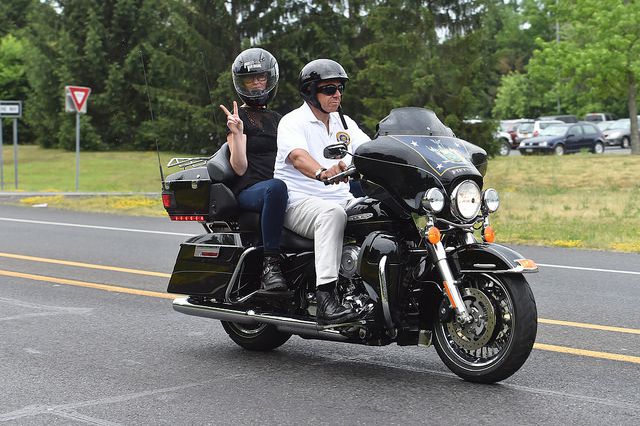 Sandra Lee flashes a peace sign at the New Paltz exit of the New York State Thruway as Governor Andrew M. Cuomo launches the first-ever statewide breast cancer motorcycle ride ending at New York State DEC Headquarters in New Paltz on June 26, 2016.
